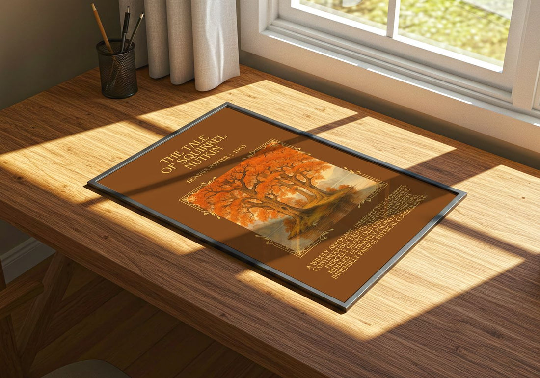 The Tale Of Squirrel Nutkin Minimalist Book Poster by Beatrix Potter – print on a sunlit desk