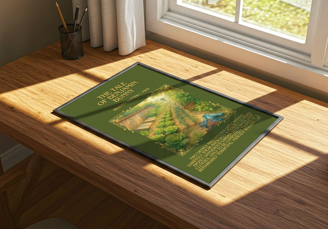 The Tale Of Benjamin Bunny Minimalist Book Poster by Beatrix Potter – print on a sunlit desk