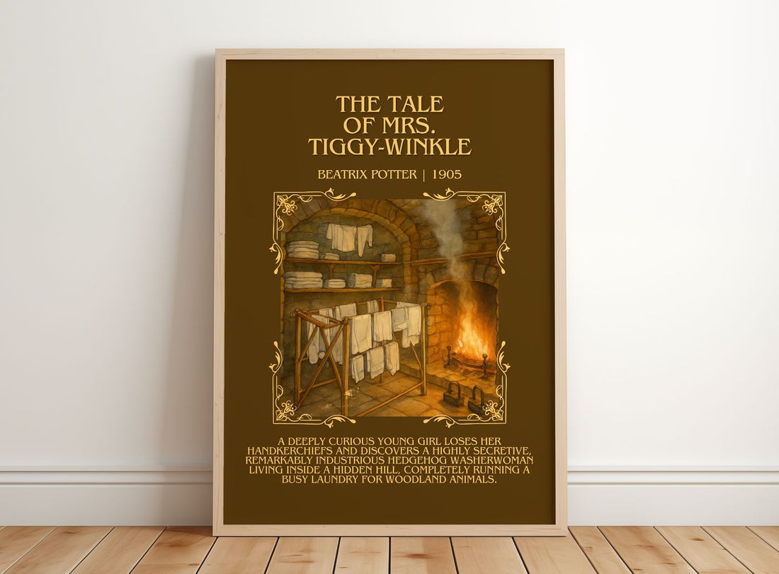 The Tale Of Mrs. Tiggy-Winkle Minimalist Book Poster by Beatrix Potter – framed print leaning on a wooden floor