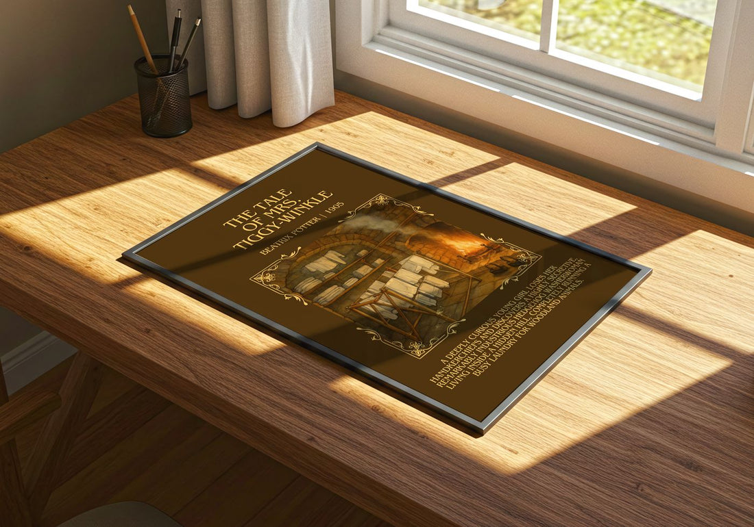 The Tale Of Mrs. Tiggy-Winkle Minimalist Book Poster by Beatrix Potter – print on a sunlit desk