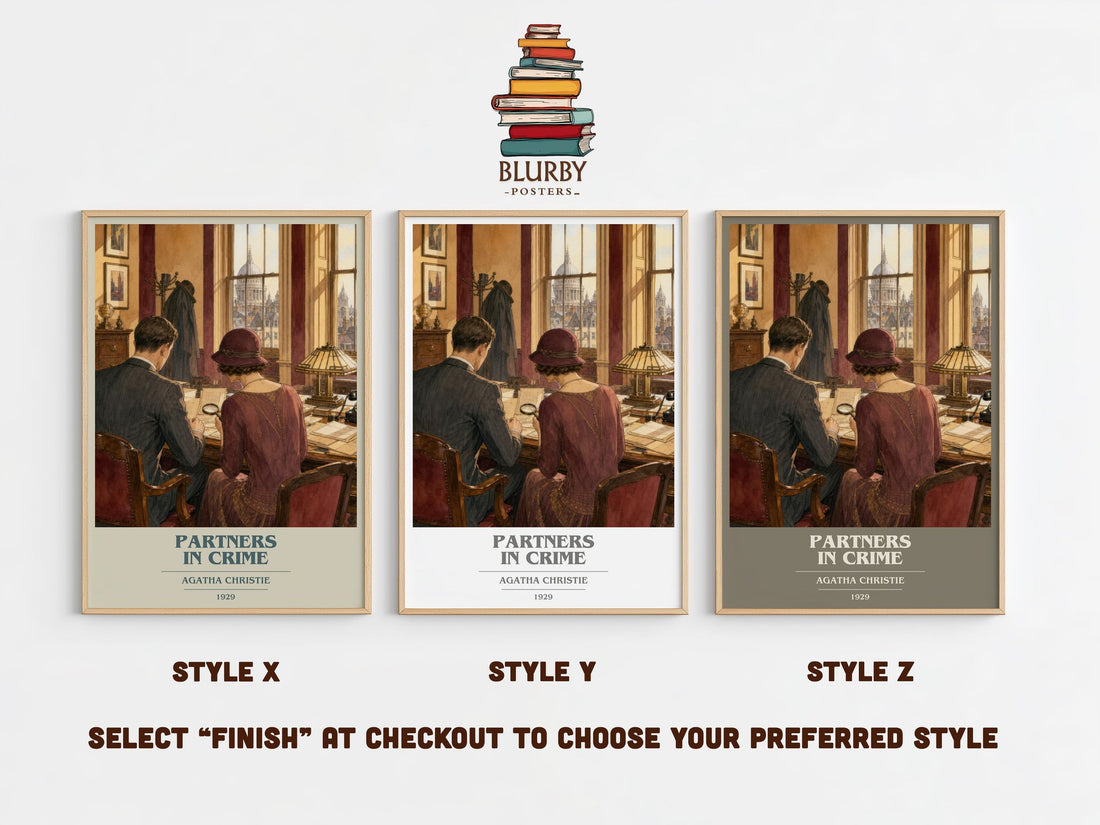 Partners In Crime book cover print in frame leaning in hallway – mystery wall art (mockup)