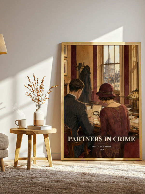 Partners In Crime watercolour print in frame leaning in hallway – mystery wall art