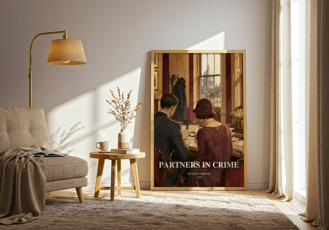 Partners In Crime watercolour print in frame leaning in hallway – mystery wall art (mockup)