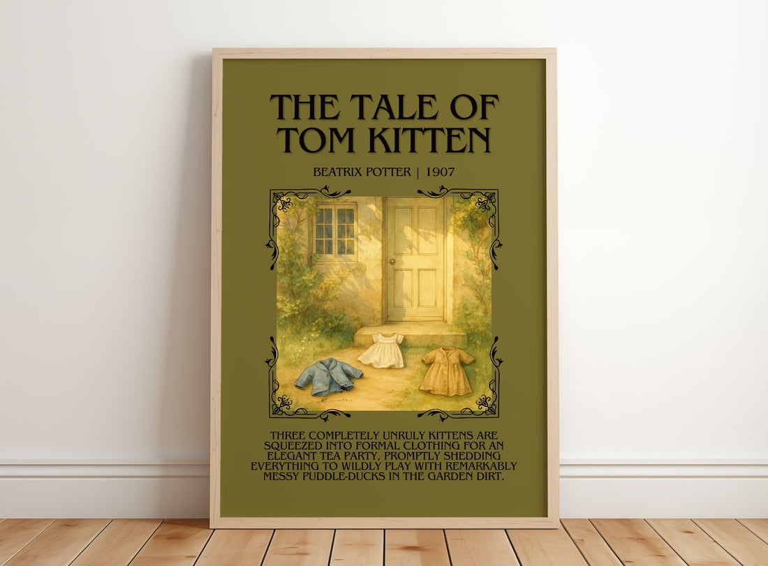 The Tale Of Tom Kitten Minimalist Book Poster by Beatrix Potter – framed print leaning on a wooden floor