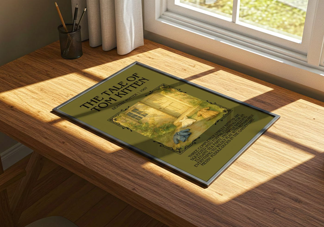The Tale Of Tom Kitten Minimalist Book Poster by Beatrix Potter – print on a sunlit desk