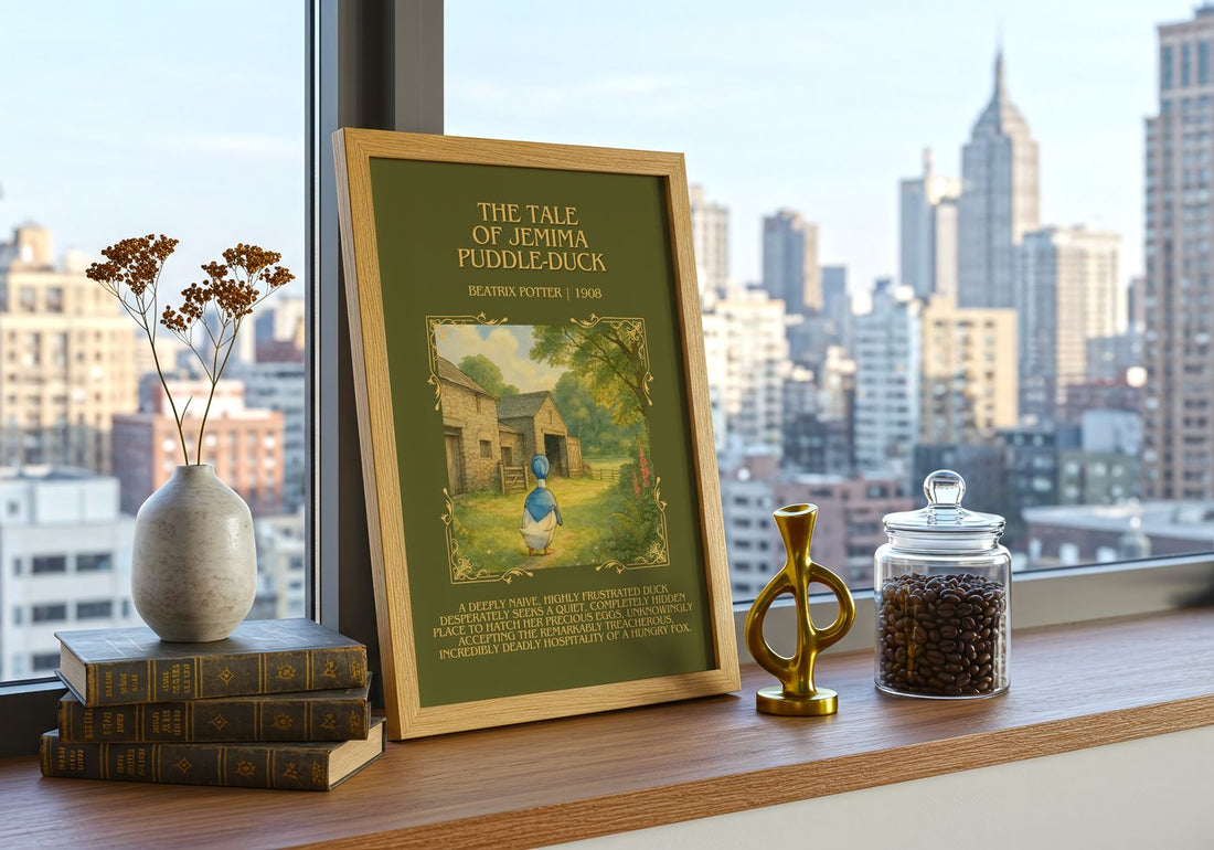 Tale Of Jemima Puddle-Duck Minimalist Book Poster by Beatrix Potter – framed print on a city-view windowsill