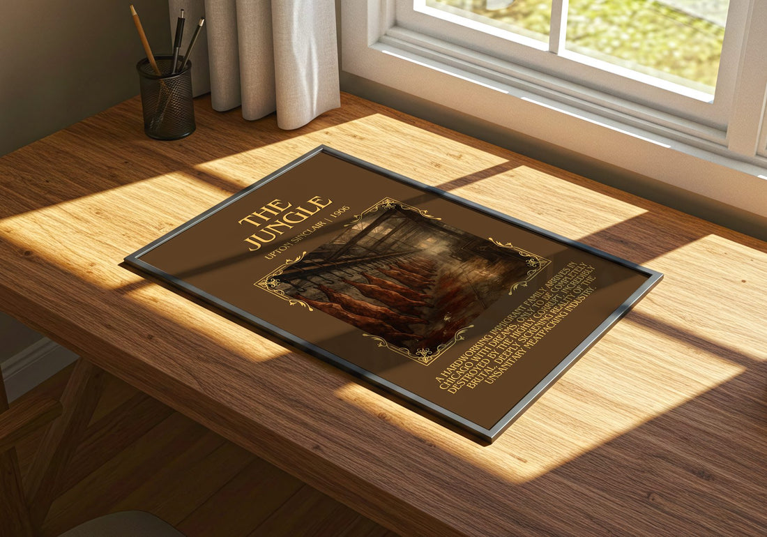 The Jungle Minimalist Book Poster by Upton Sinclair – print on a sunlit desk