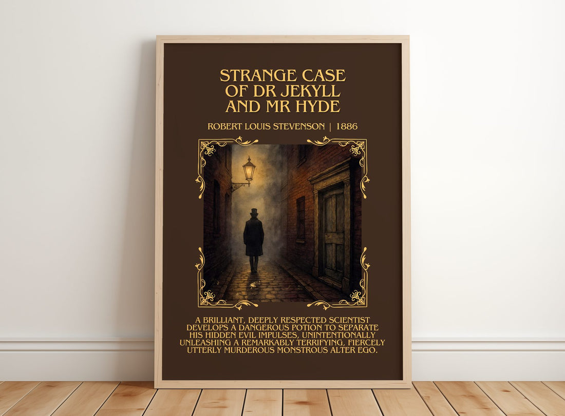 Strange Case Of Dr Jekyll And Mr Hyde Minimalist Book Poster – framed print leaning on a wooden floor