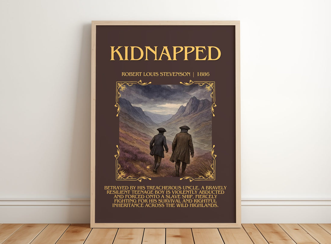 Kidnapped Minimalist Book Poster by Robert Louis Stevenson – framed print leaning on a wooden floor