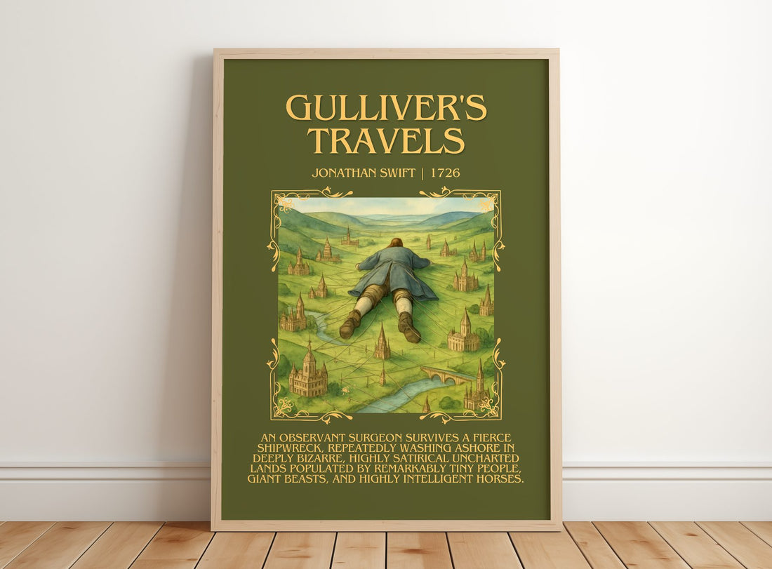 Gulliver'S Travels Minimalist Book Poster by Jonathan Swift – framed print leaning on a wooden floor