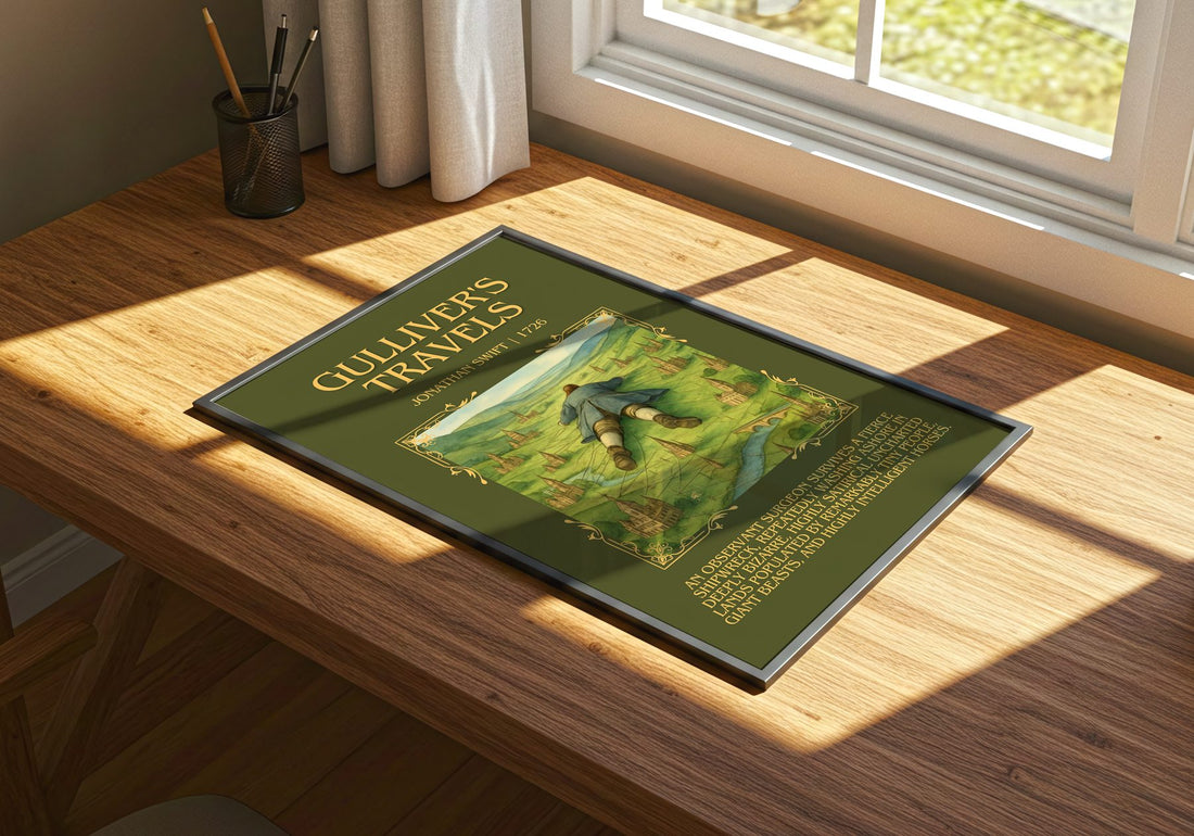 Gulliver'S Travels Minimalist Book Poster by Jonathan Swift – print on a sunlit desk