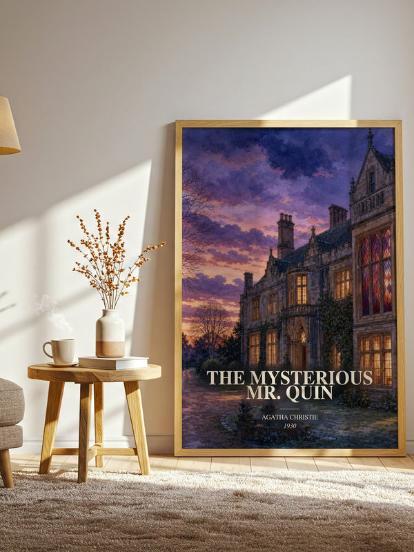 The Mysterious Mr. Quin watercolour print in frame leaning in hallway – mystery wall art