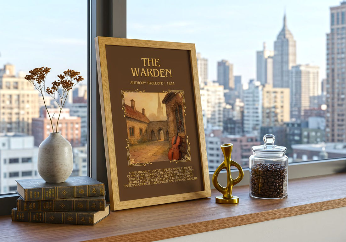The Warden Minimalist Book Poster by Anthony Trollope – framed print on a city-view windowsill