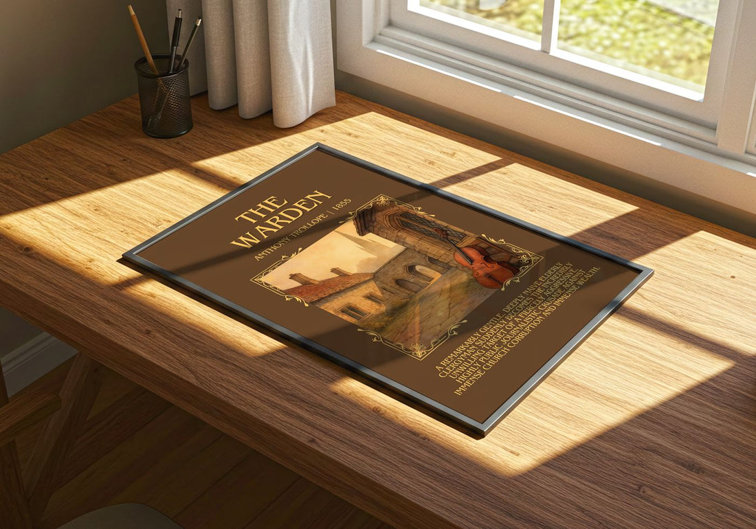 The Warden Minimalist Book Poster by Anthony Trollope – print on a sunlit desk