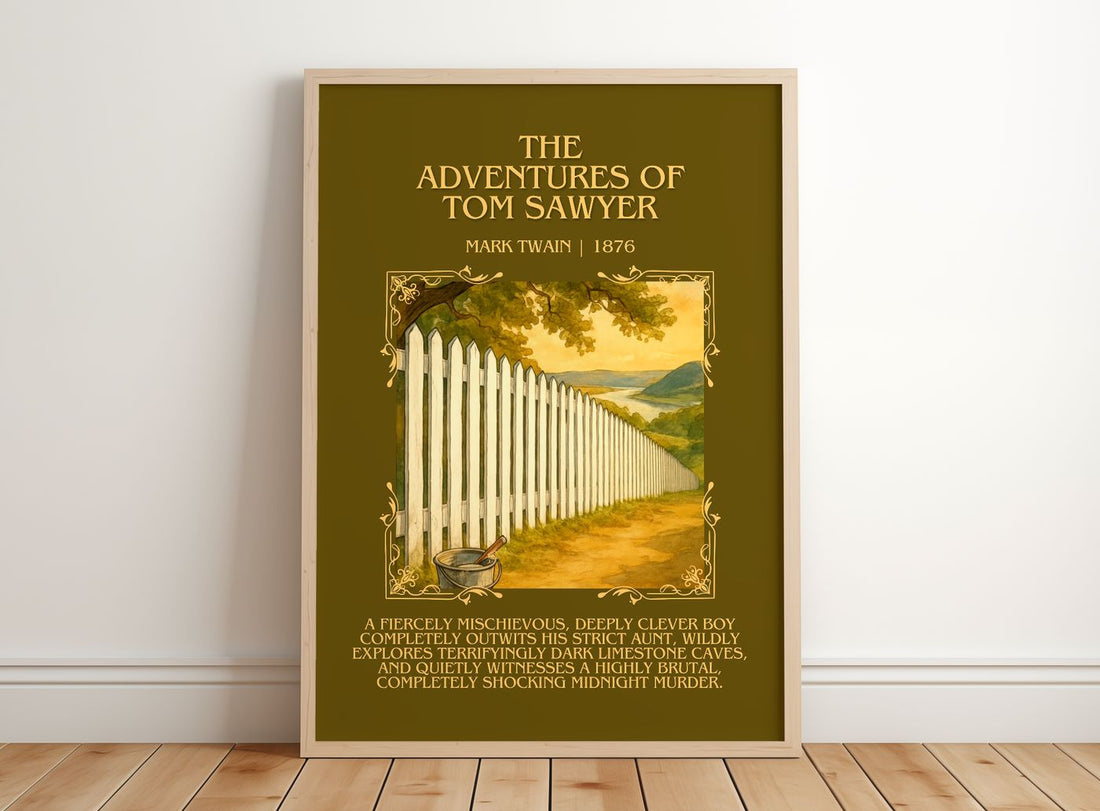 The Adventures Of Tom Sawyer Minimalist Book Poster by Mark Twain – framed print leaning on a wooden floor