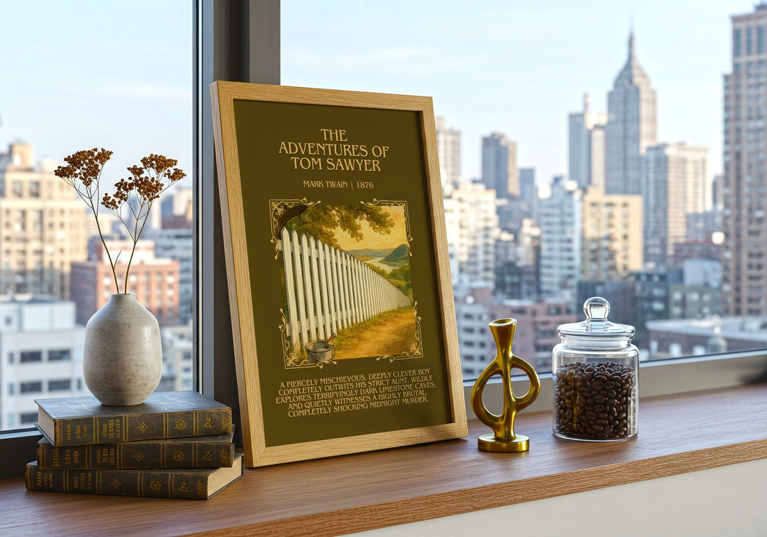 The Adventures Of Tom Sawyer Minimalist Book Poster by Mark Twain – framed print on a city-view windowsill