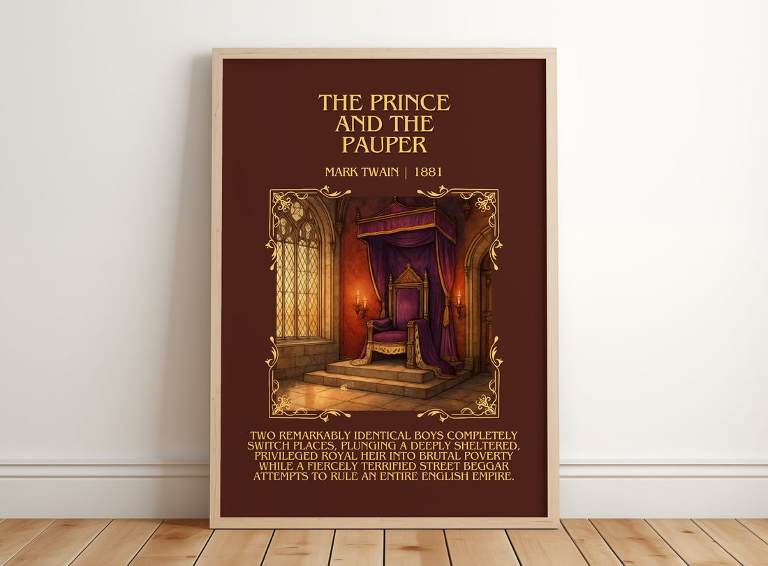 The Prince And The Pauper Minimalist Book Poster by Mark Twain – framed print leaning on a wooden floor