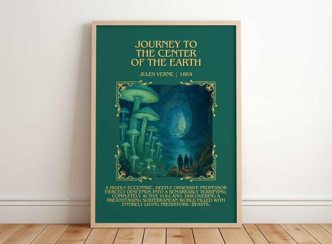 Journey To The Center Of The Earth Minimalist Book Poster by J. Verne – framed print leaning on a wooden floor
