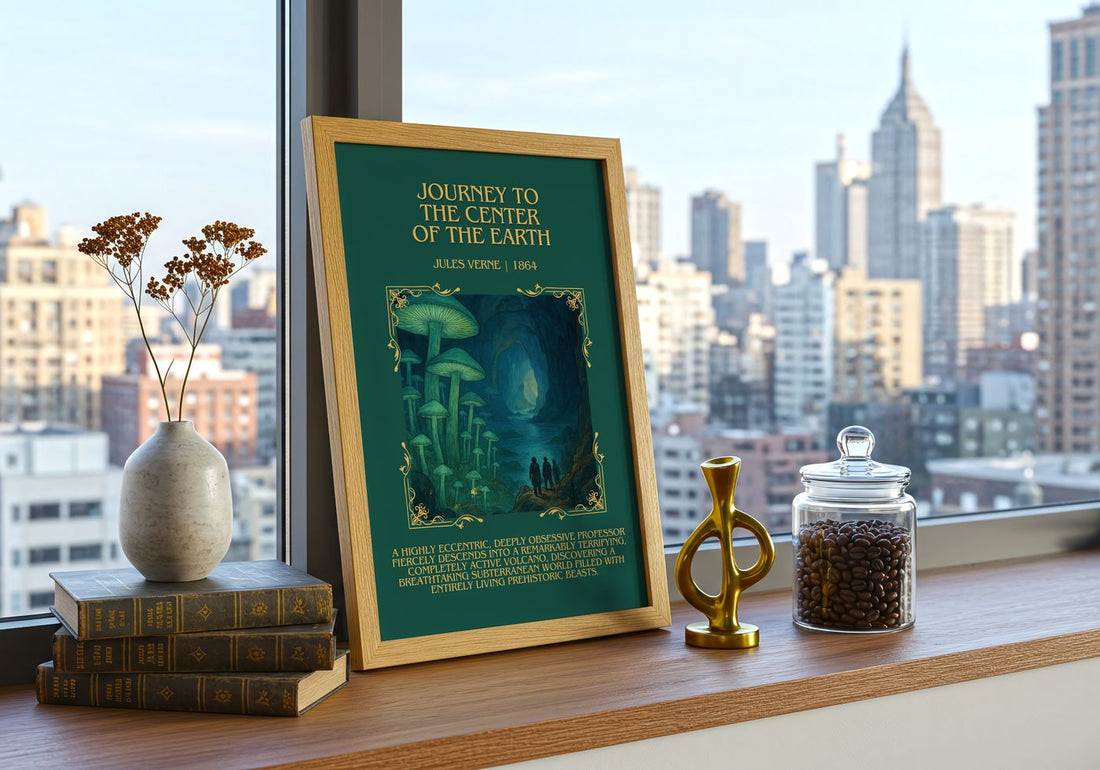 Journey To The Center Of The Earth Minimalist Book Poster by J. Verne – framed print on a city-view windowsill