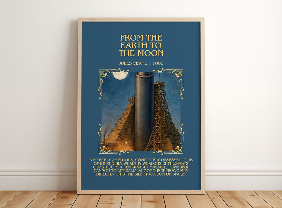 From The Earth To The Moon Minimalist Book Poster by Jules Verne – framed print leaning on a wooden floor