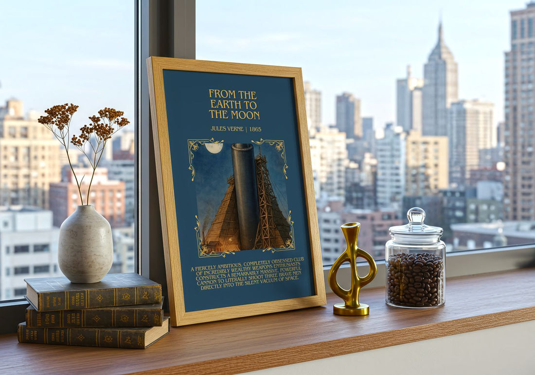 From The Earth To The Moon Minimalist Book Poster by Jules Verne – framed print on a city-view windowsill