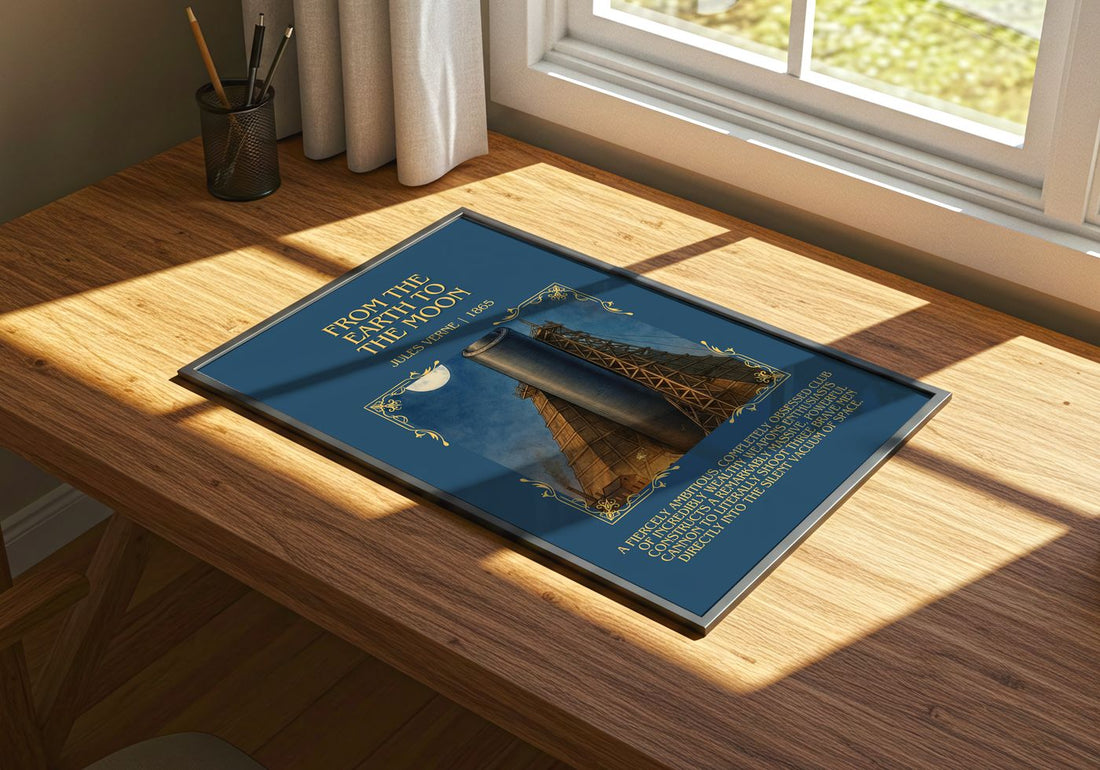 From The Earth To The Moon Minimalist Book Poster by Jules Verne – print on a sunlit desk