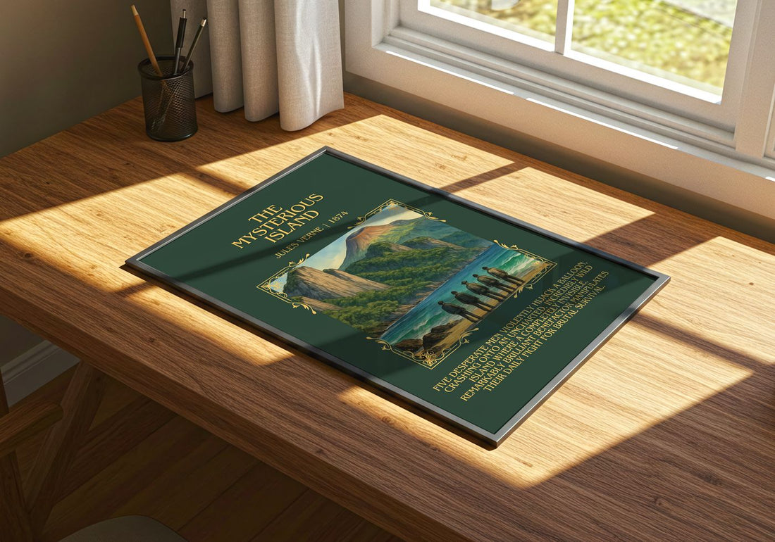 The Mysterious Island Minimalist Book Poster by Jules Verne – print on a sunlit desk
