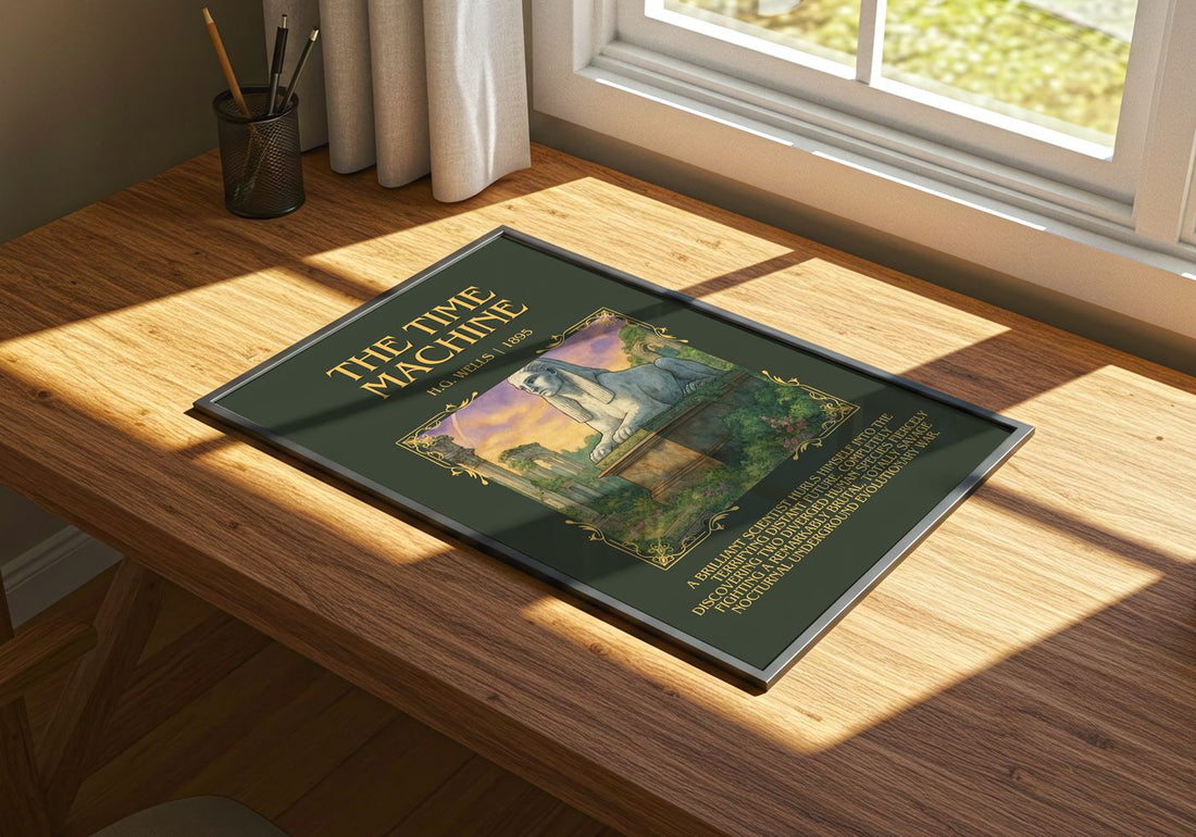 The Time Machine Minimalist Book Poster by H.G. Wells – print on a sunlit desk
