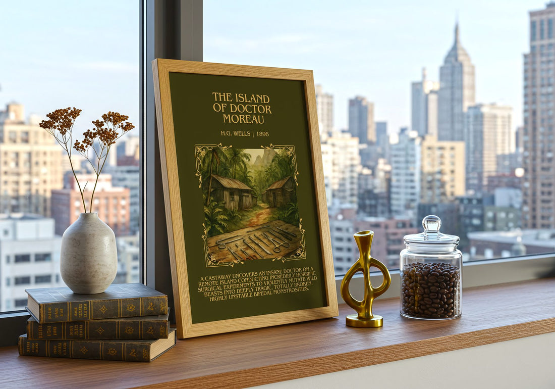 The Island Of Doctor Moreau Minimalist Book Poster by H.G. Wells – framed print on a city-view windowsill