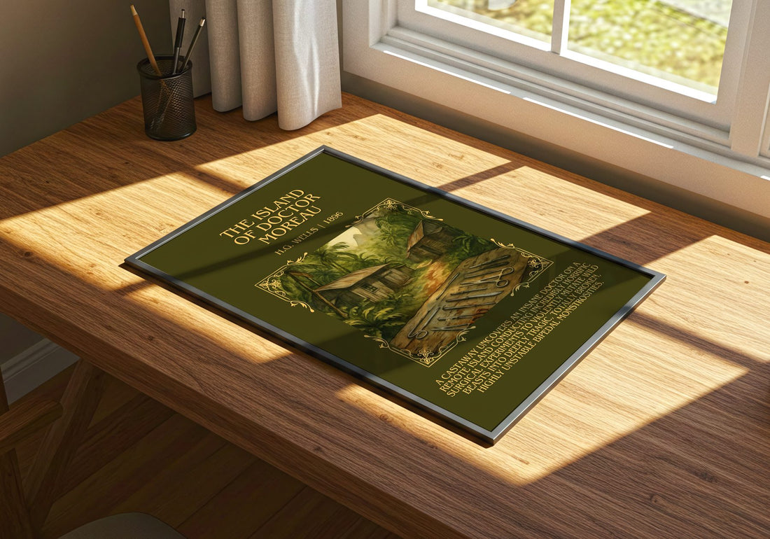 The Island Of Doctor Moreau Minimalist Book Poster by H.G. Wells – print on a sunlit desk