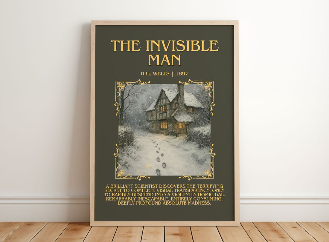 The Invisible Man Minimalist Book Poster by H.G. Wells – framed print leaning on a wooden floor