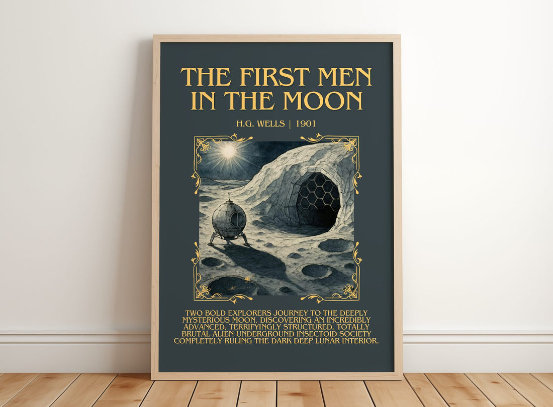 The First Men In The Moon Minimalist Book Poster by H.G. Wells – framed print leaning on a wooden floor