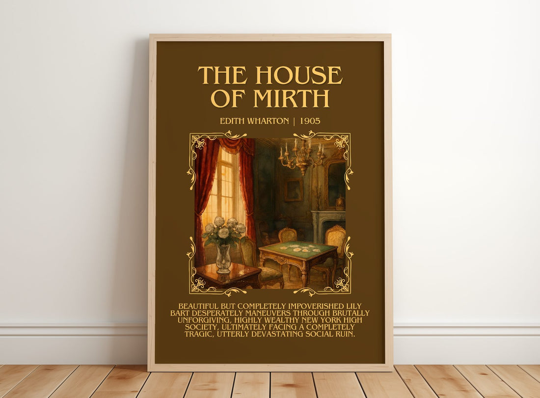 The House Of Mirth Minimalist Book Poster by Edith Wharton – framed print leaning on a wooden floor
