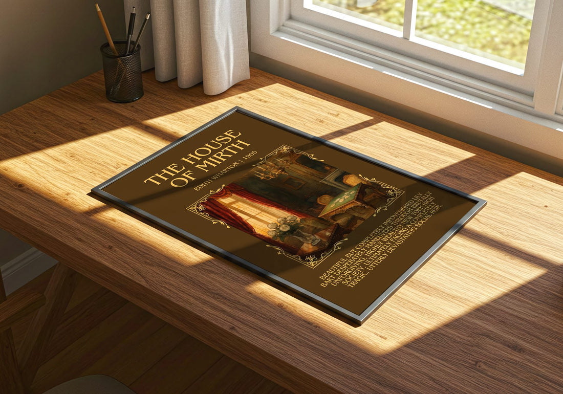 The House Of Mirth Minimalist Book Poster by Edith Wharton – print on a sunlit desk