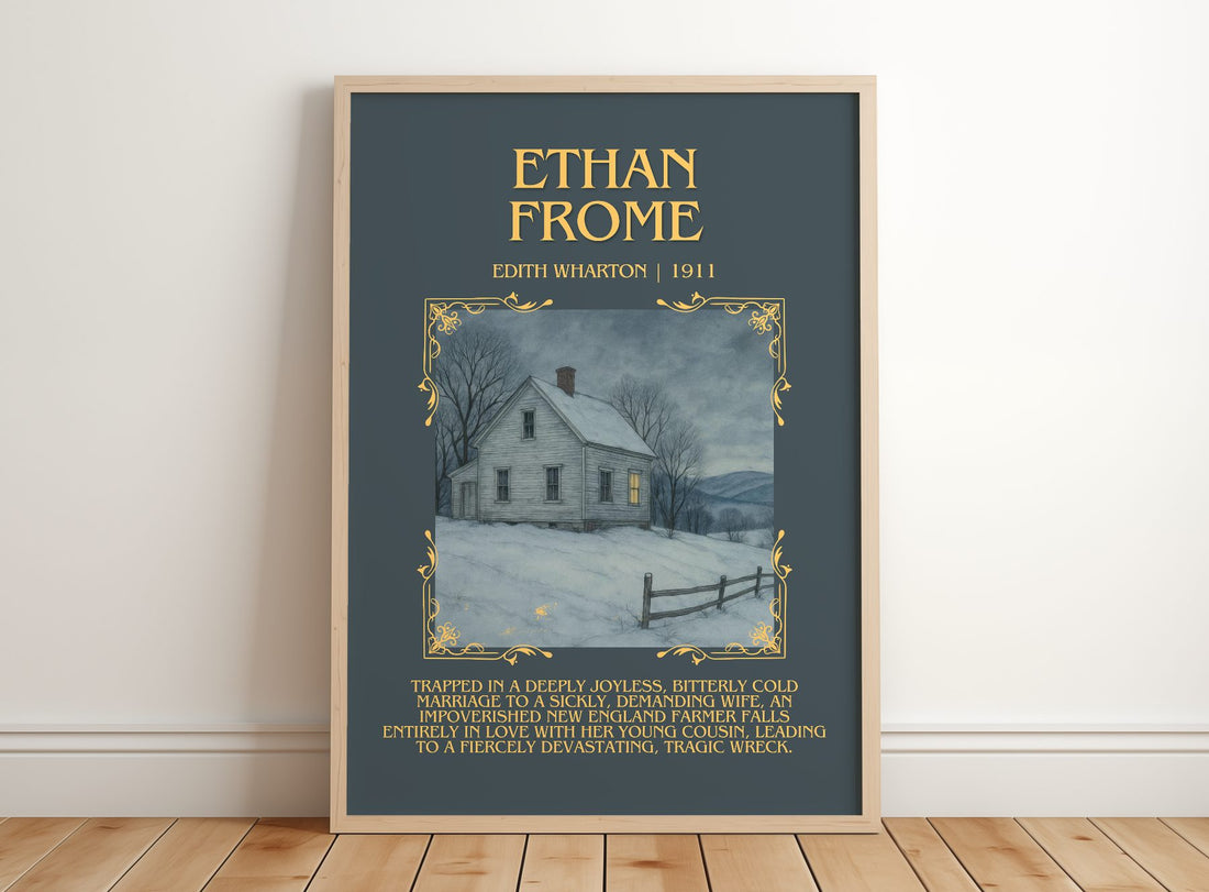 Ethan Frome Minimalist Book Poster by Edith Wharton – framed print leaning on a wooden floor