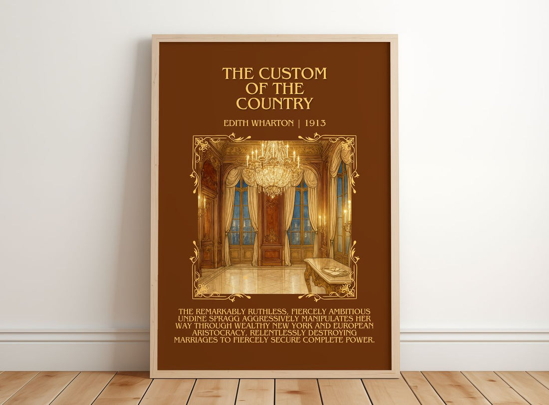 The Custom Of The Country Minimalist Book Poster by Edith Wharton – framed print leaning on a wooden floor