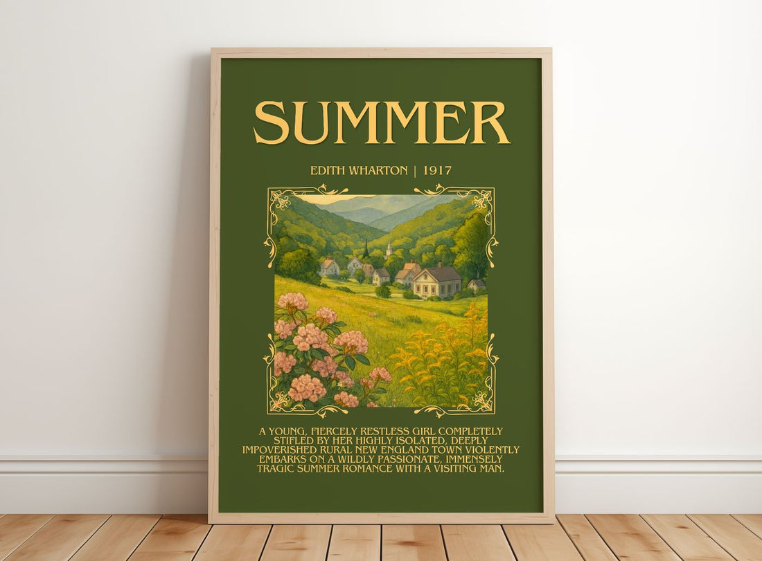 Summer Minimalist Book Poster by Edith Wharton – framed print leaning on a wooden floor