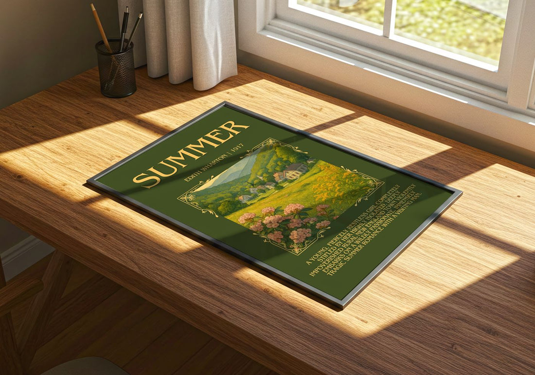 Summer Minimalist Book Poster by Edith Wharton – print on a sunlit desk