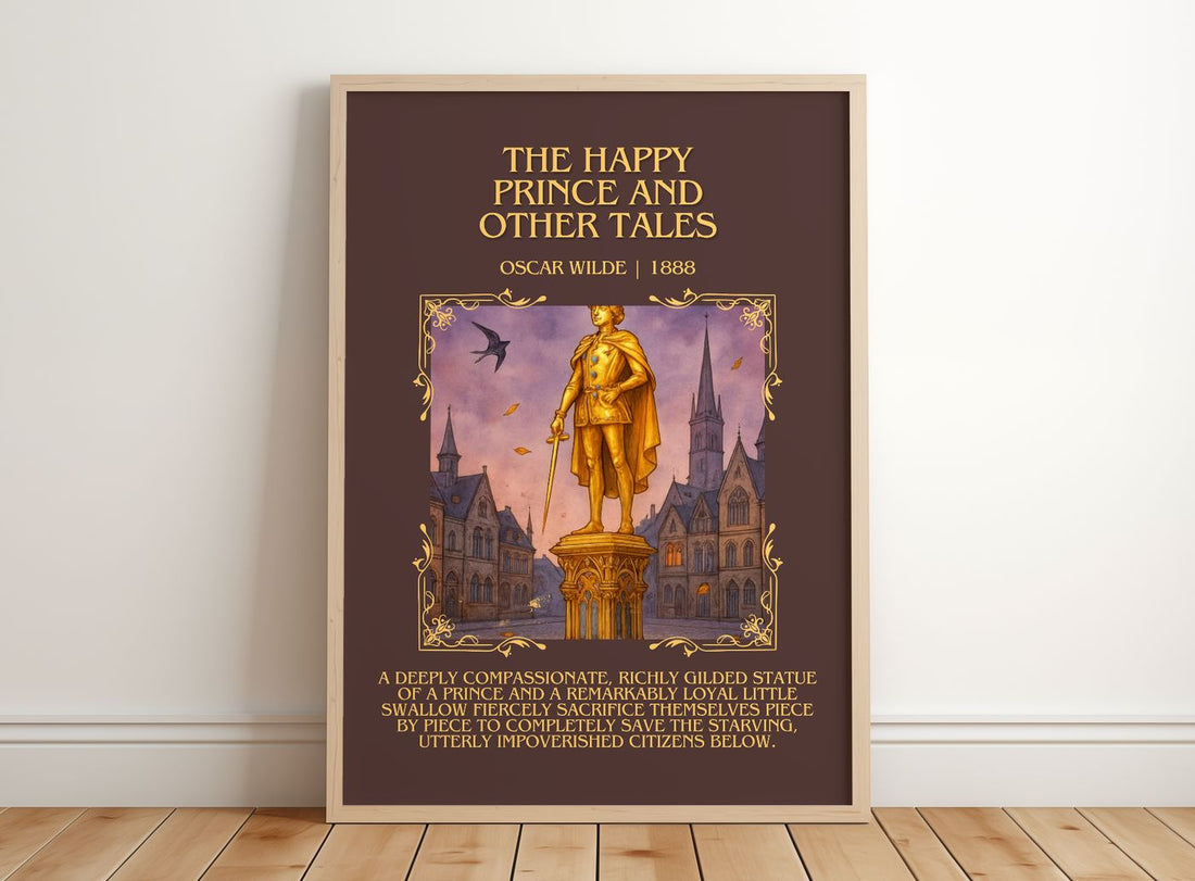 The Happy Prince And Other Tales Minimalist Book Poster by Oscar Wilde – framed print leaning on a wooden floor