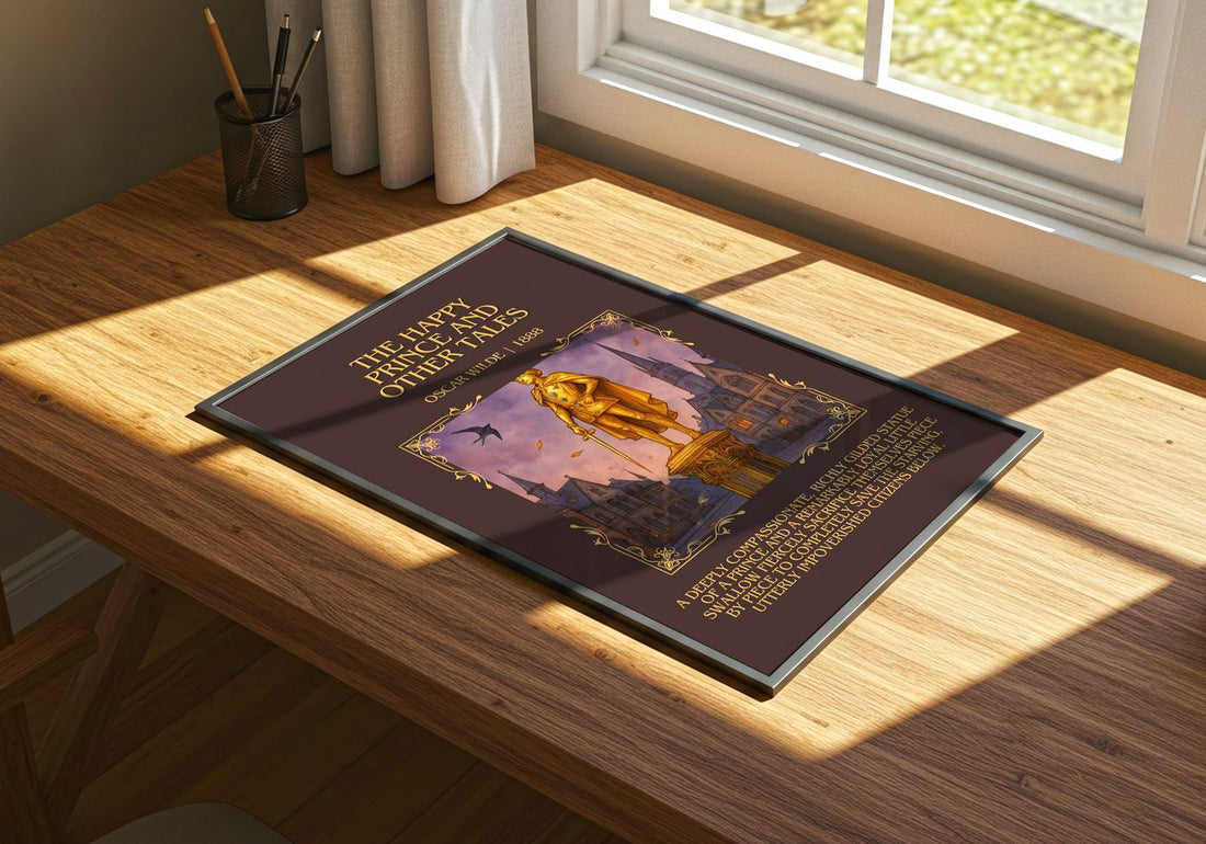 The Happy Prince And Other Tales Minimalist Book Poster by Oscar Wilde – print on a sunlit desk