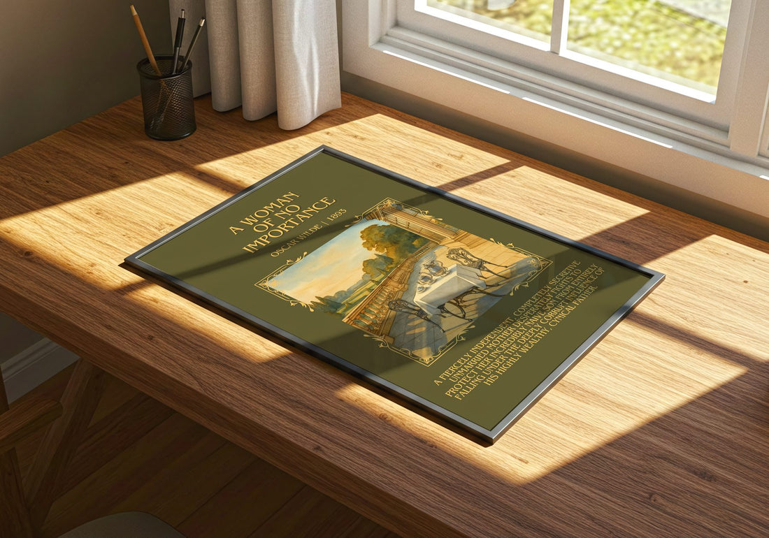 A Woman Of No Importance Minimalist Book Poster by Oscar Wilde – print on a sunlit desk
