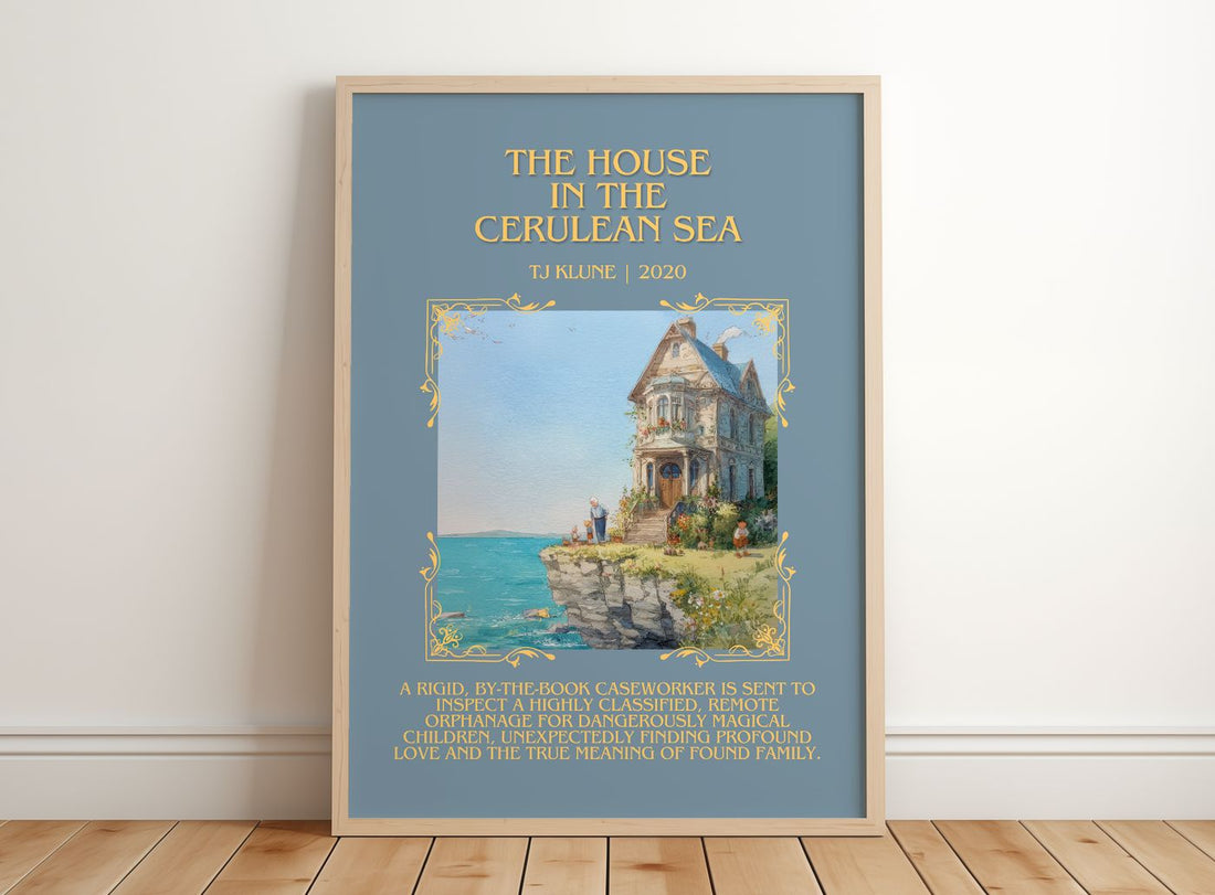 The House in the Cerulean Sea Minimalist Book Poster by TJ Klune – framed print leaning on a wooden floor