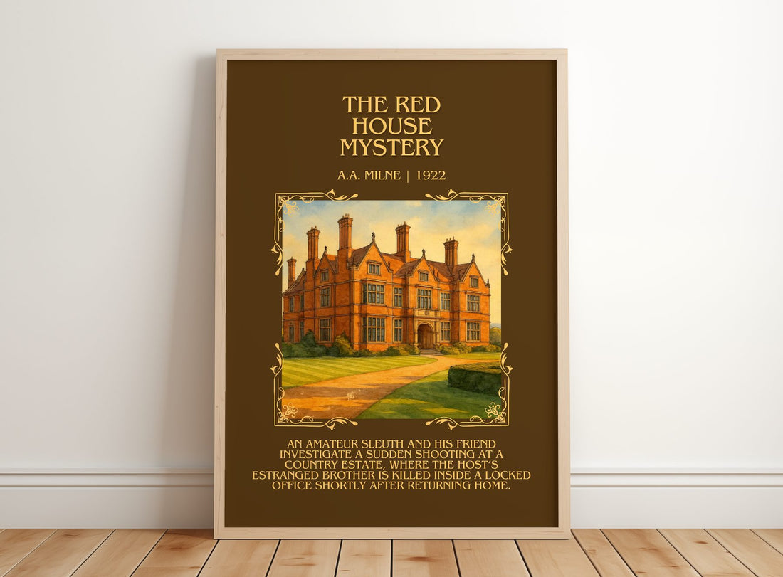 The Red House Mystery Minimalist Book Poster by A.A. Milne – framed print leaning on a wooden floor