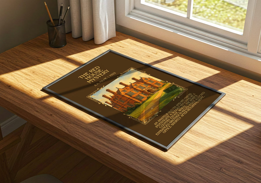 The Red House Mystery Minimalist Book Poster by A.A. Milne – print on a sunlit desk