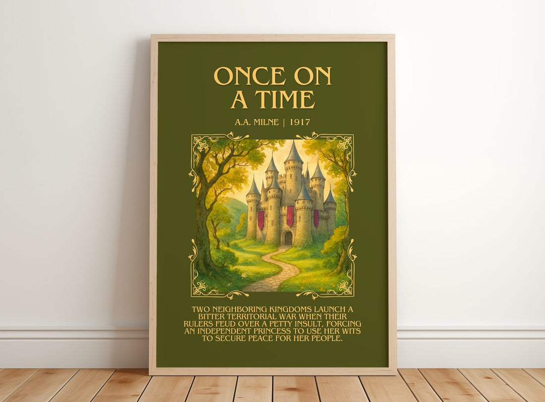 Once On A Time Minimalist Book Poster by A.A. Milne – framed print leaning on a wooden floor
