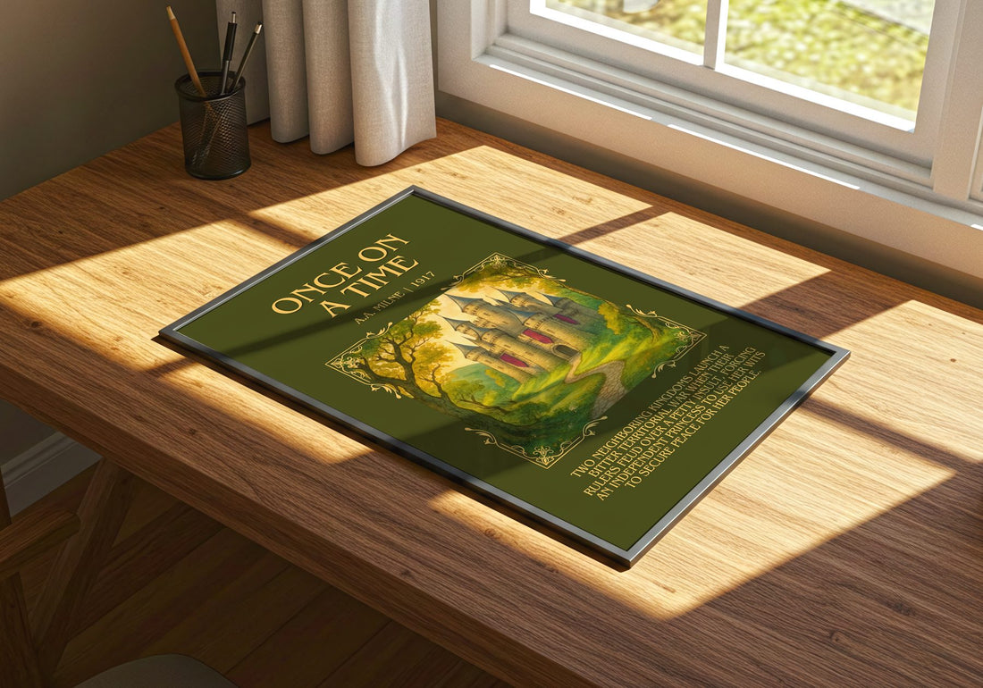 Once On A Time Minimalist Book Poster by A.A. Milne – print on a sunlit desk