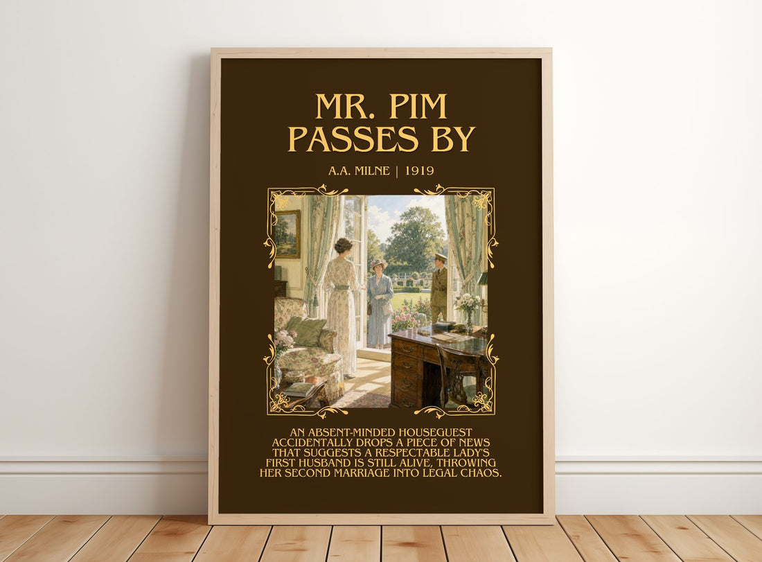 Mr. Pim Passes By Minimalist Book Poster by A.A. Milne – framed print leaning on a wooden floor