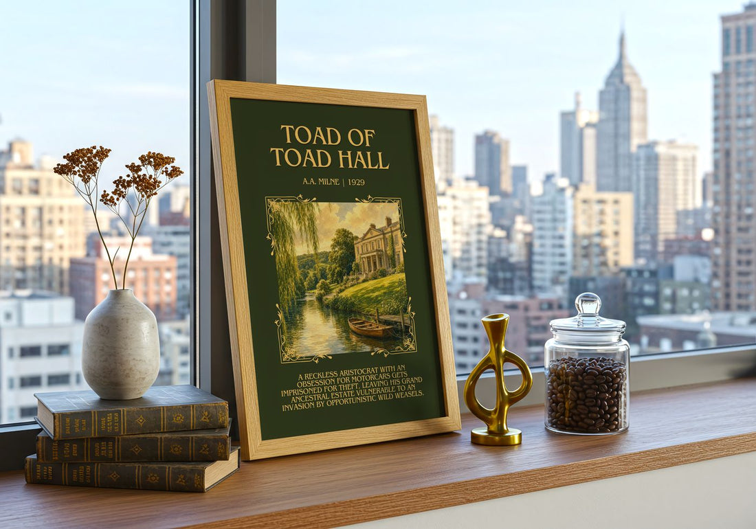 Toad Of Toad Hall Minimalist Book Poster by A.A. Milne – framed print on a city-view windowsill