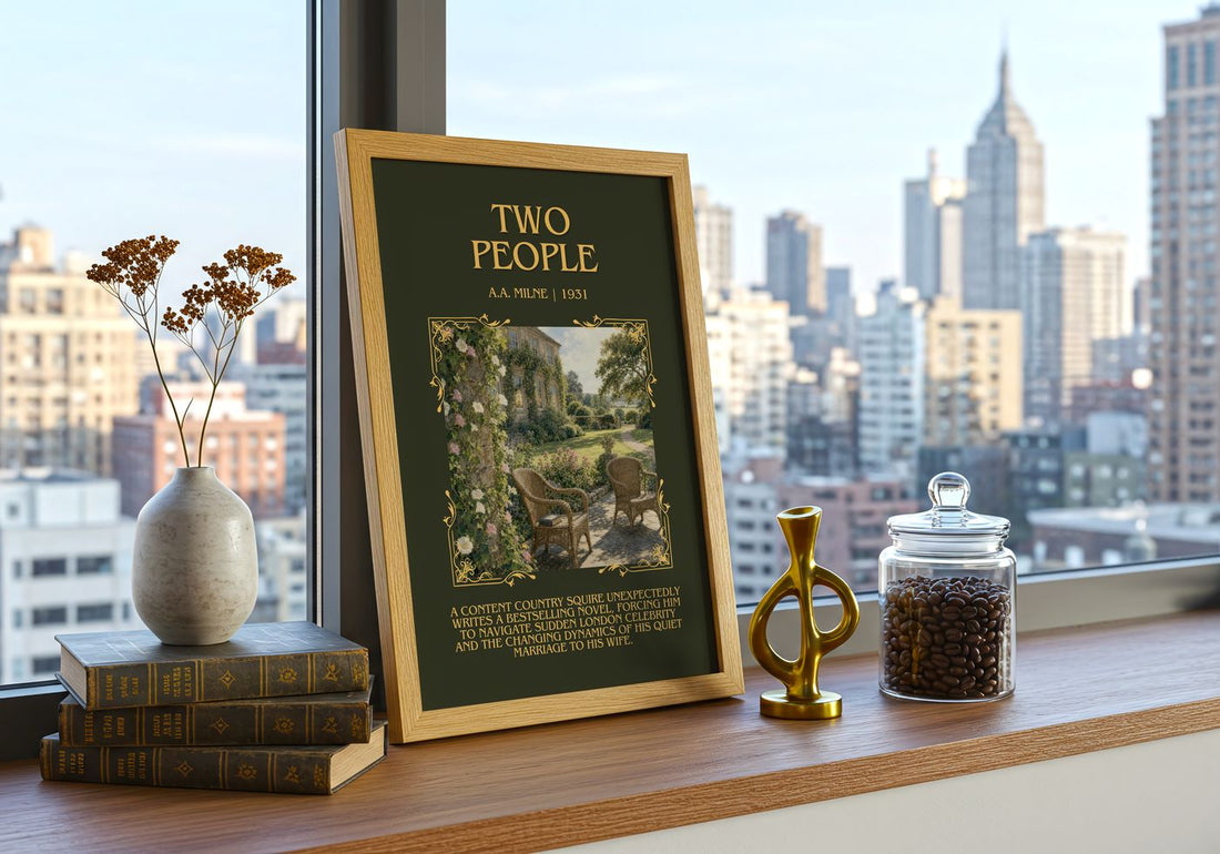 Two People Minimalist Book Poster by A.A. Milne – framed print on a city-view windowsill