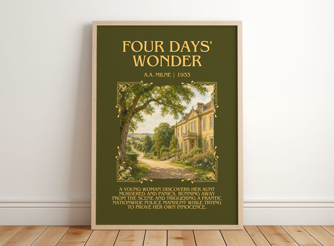 Four Days' Wonder Minimalist Book Poster by A.A. Milne – framed print leaning on a wooden floor